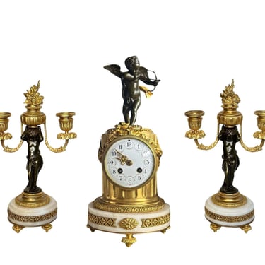 French 19th Century Clock & Candelabra Cherub Set