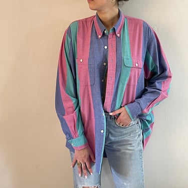 90s striped cotton shirt / vintage wide awning stripe oversized preppy boyfriend button down pocket shirt | XL Extra Large 