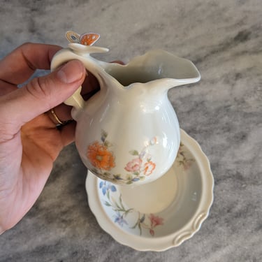 Small Vintage Porcelain Takahashi Flowers and Butterfly Pitcher Set 