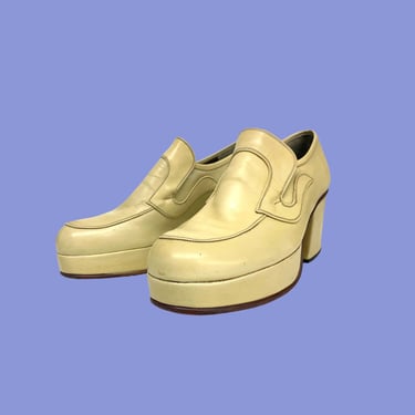 Vintage Platform Shoes Retro 1970s The Brookline Shoe + Size 7.5 + Genuine Leather + Beige + Cream + Chunky Loafers + 3 Inch Heel 