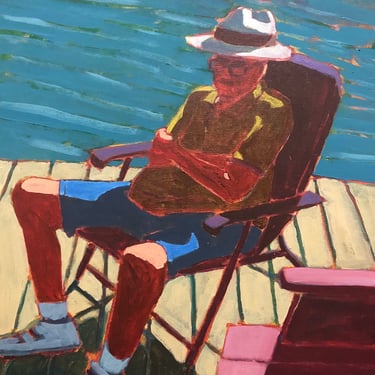 Old Man on Dock - Original Acrylic Painting on Canvas 16 x 20, hat, chair, shadow, lake, sea, grandfather, father, dad, michael van, art 