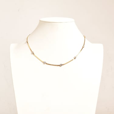 CZ Diamond Station Necklace In 14K Yellow Gold, Bezel Strand Serpentine Chain, Estate Jewelry, 16 1/2" L 