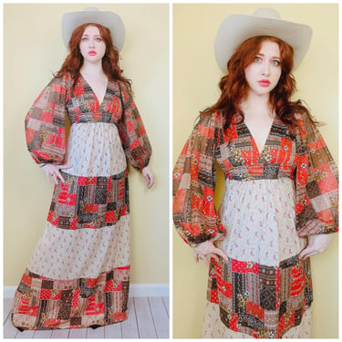 1970s Vintage Orange and Brown Patchwork Dress / 70s / Seventies Balloon Sleeve Calico Maxi Gown / Size Small - Medium 