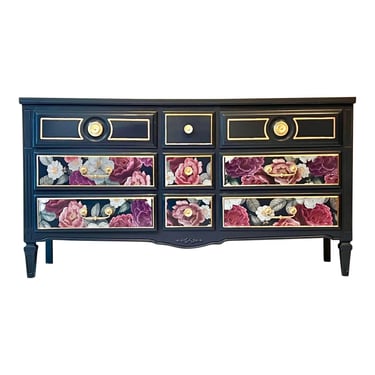 Vintage Regency Style Nine Drawer Floral Decorated Dresser 