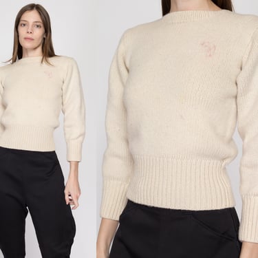 XXS 1940s Cream Wool Cropped Sweater | Vintage 40s Sportswear Plain Knit Pullover Jumper 