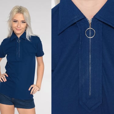 70s Ring Pull Shirt Navy Blue Short Sleeve Zip Up Shirt Mod Retro Polo Shirt Mod Space Age Plain Dagger Collar Top Vintage 1970s Small S 