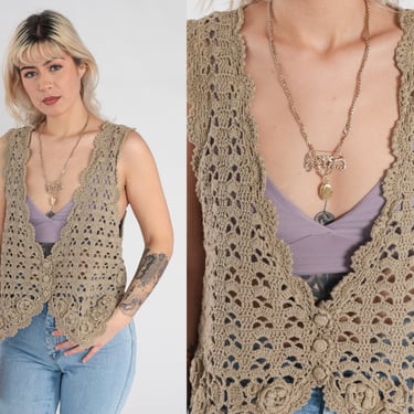 Taupe Crochet Vest Top Y2k Sheer Knit Shirt Bohemian Open Weave Floral Tank Top Button up Sleeveless Blouse Hippie Vintage 00s Medium M 