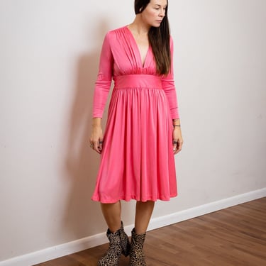 Size S-M, 1970s Vibrant Coral-Pink Stretchy Pleated Tie-Back Dress 