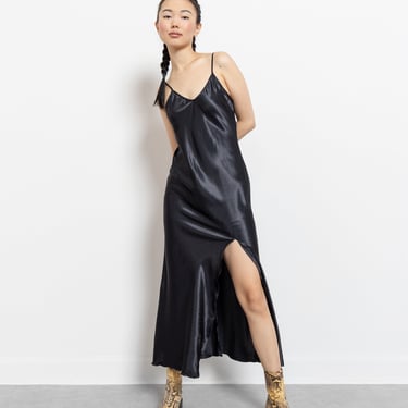 BLACK SLIP DRESS poly satin print vintage Maxi lingerie light breezy Backless / Small Medium 