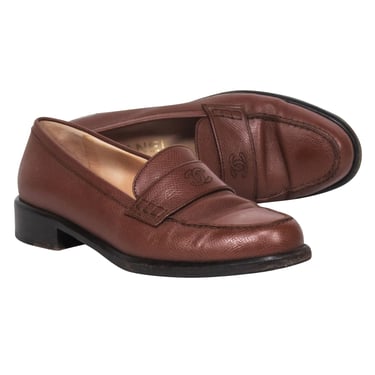 Chanel - Brown Leather Loafers w/ Stitched Logo Sz 7.5