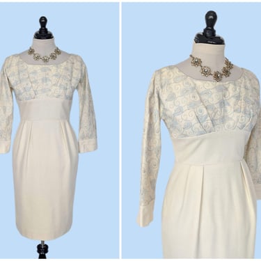 Vintage 1950s Elegant Embroidered Wiggle Dress, Vintage 50s Cream Wool Hourglass Day Dress 