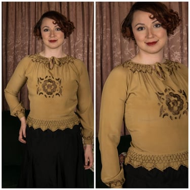 1930s Peasant Blouse - Late 1920s or Early 30s All Silk Hungarian Peasant Blouse in Caramel with Brown Embroidery 