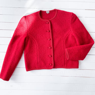 red wool sweater | 80s 90s vintage Land's End boiled wool Austrian Bavarian folk style warm cardigan jacket 