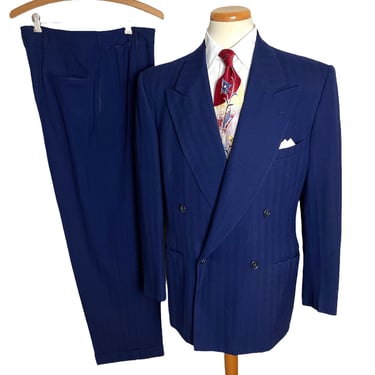 Vintage 1940s Double-Breasted 2pc Wool Suit ~ 40 R ~ jacket / pants ~ Herringbone ~ Union Made ~ Drop Loops 