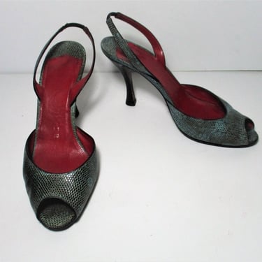 Slingback Shoes, Vintage 90s Walter Steiger, D'Orsay Pumps, Gray Lizard Heels, 9 Women, Peep Toe 