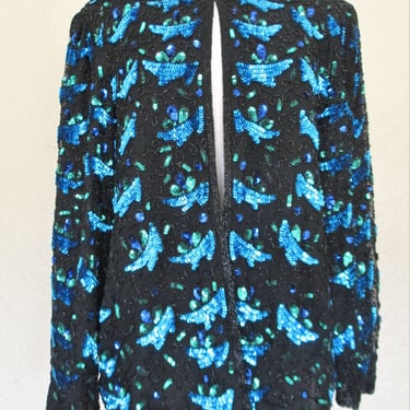 Vintage 1980s Laurence Kazar Sequin Jacket, 1X Women, Black Silk, Black Blue Green Sequins Beads 