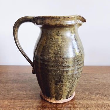 Vintage Olive Green Glazed Stoneware Pottery Pitcher 