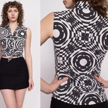 90s Black & White Psychedelic Top - Small | Vintage Optical Illusion Op Art Print Button Up Sleeveless Shirt 