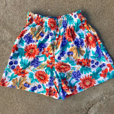 Vintage USA Fruit Printed Cotton High Rise Elastic Waist Pockets Comfy Shorts XS 