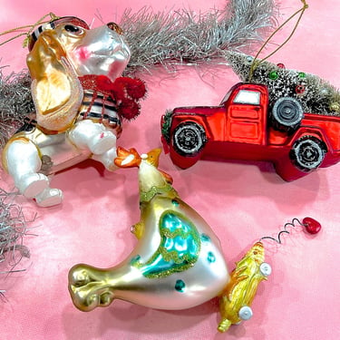 VINTAGE: 3pcs - Glass Ornaments - Truck, Rooster, Dog Christmas - Hand Painted Ornament 