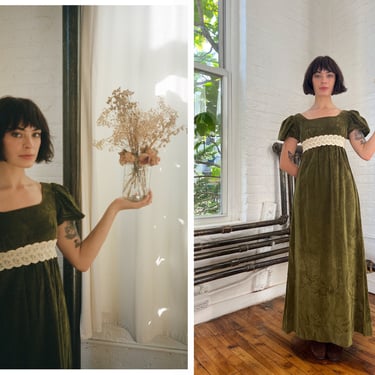 Vintage 1970s 70s Olive Green Velvet Full Length Column Gown w/ Empire Waist, Puffed Sleeves, Crochet Trim // Regency Baroque Renaissance 