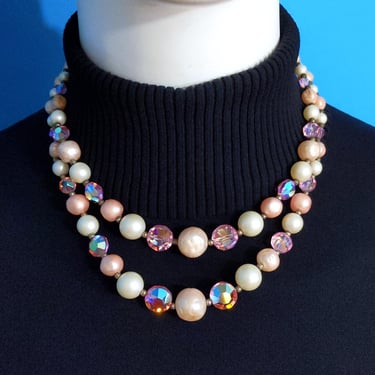 Absolutely Beautiful Vintage 60s Pastel Pink Faceted Crystal Beaded 2-Strand Necklace 