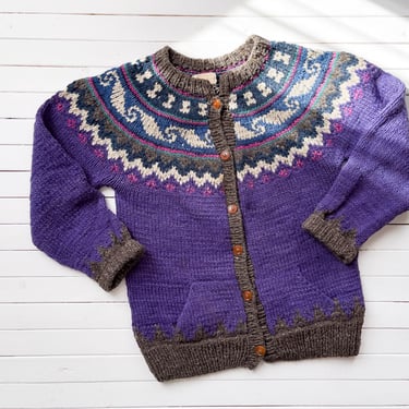 Fair Isle sweater vintage Nuca Huasi Ecuador purple hand knit cardigan 