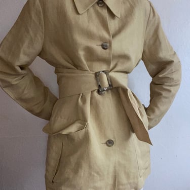 pale yellow linen blend belted chore coat womens large 