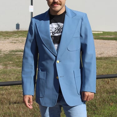 70s Blazer, Vintage Jacket Men, Size 42R Men, Blue Polyester Sportcoat, Two Button 