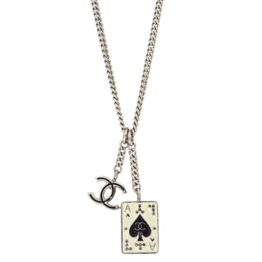 Chanel CC Ace of Spades Card Chain Necklace Pendant Silver 05A