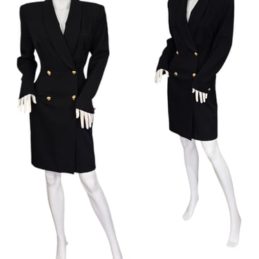 1980's Tahari Black Wool Double Breasted Tuxedo Dress I Sz Med I Cinched Back 