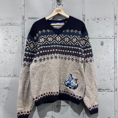 Vintage sweater chunky Mickey Mouse mickeys ski lodge character hand knit 100% wool Donald Duck goofy 