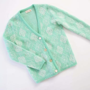 Vintage 60s Womens Mohair Cardigan XS S - 1960s Seafoam GreenWhite Diamond Argyle Shaggy Preppy Retro Sweater 