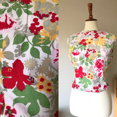 Vintage 50s 60s floral top orange and white small 