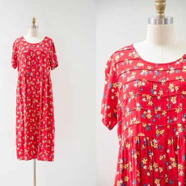 red floral midi dress | 80s 90s vintage cute cottagecore calico floral loose oversized rayon dress 