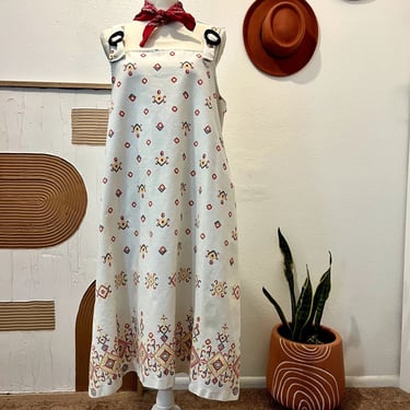 Vintage Handmade White Cotton Printed Mod Overall Jumper Summer Dress 