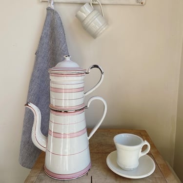 Beautiful rare find vintage French cafeteria with pink stripes on white background 