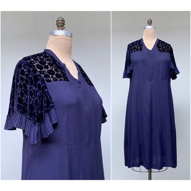 Vintage 1930s Volup Navy Rayon Dress with Burnout Velvet Flutter Sleeves, Elegant Art Deco Blue Crepe Sheath, 48" Bust 18W 1X 