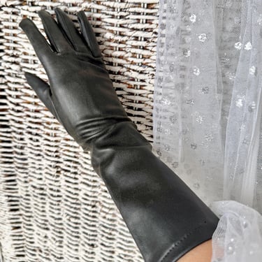 Vegan Gloves, Faux Leather, NOS Black Gloves, 14 in. Length, Deadstock, Vintage 50s 60s, Rockabilly, Pin Up 