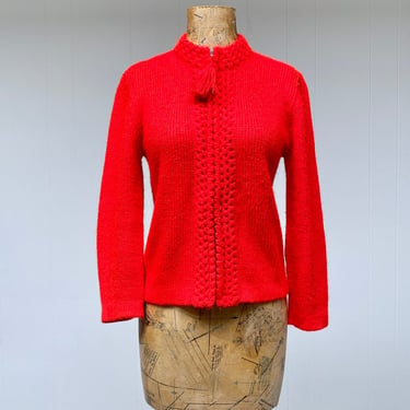Vintage 1960s Red Acrylic Zippered Cardigan, 60s Sweater, Mid-Century Knit, Small-Medium 36" Bust 