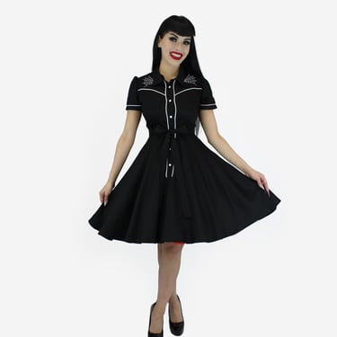 Black Dress with Spiderweb Embroidery Vintage Rockabilly Western Country Women Dress XS-3XL 