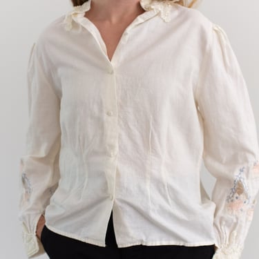 Vintage Cream Floral Statement Shirt | Folk Blouse | Cotton Linen Blend Puff Sleeve Top | Romantic | XS S | 