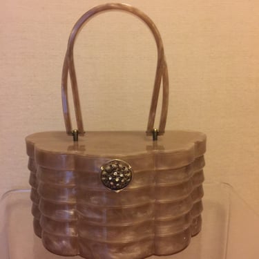 Glamorous Pearlized Taupe Layered Lucite Handbag with Jewel Clasp Signed Wilardy