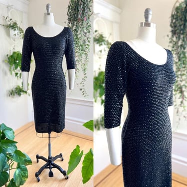 Vintage 1950s Sweater Dress | 50s GENE SHELLY Black Sequin Beaded Knit Wool Wiggle Cocktail Party Dress | small/medium 