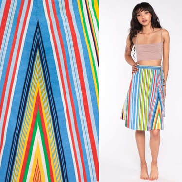 Reversible Wrap Skirt -- Boho Skirt 70s 80s Rainbow Stripe Floral Midi Skirt Retro Hippie Vintage High Waist Bohemian Extra Small Medium xs 