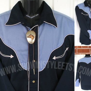Roper Vintage Retro Western Men's Cowboy and Rodeo Shirt, Black with Medium Blue Yokes & Cuffs, Tag Size Large (see meas. photo) 
