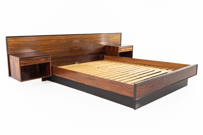 Mid Century Rosewood King Platform Bed, Modern King Bed With Attached Nightstands