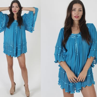 Turquoise Cotton Gauze Micro Mini Dress / Teal Mexican Crochet Kimono Sleeves / Lightweight Vacation Cover Up 