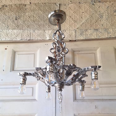 Vintage Silver Metal Antique Chandelier, Art Deco Metal Design, Silver Tone Chandelier, Architecture Salvage 032511 