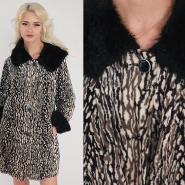 60s Faux Fur Coat Animal Print Fake Fur Jacket Black White Cuffed Collared Mod Long Cheetah Vegan Glam Party Winter Vintage 1960s Small S 